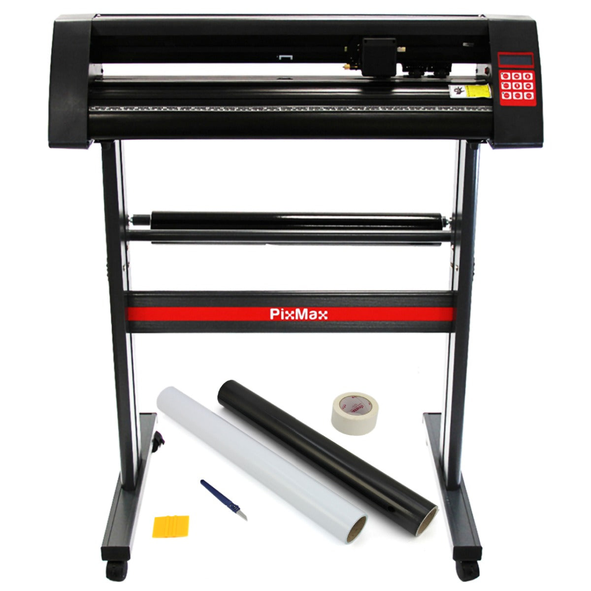 Découpeuse vinyle PixMax noire et rouge avec rouleaux de vinyle, cutter, raclette et ruban adhésif sur un support robuste en métal