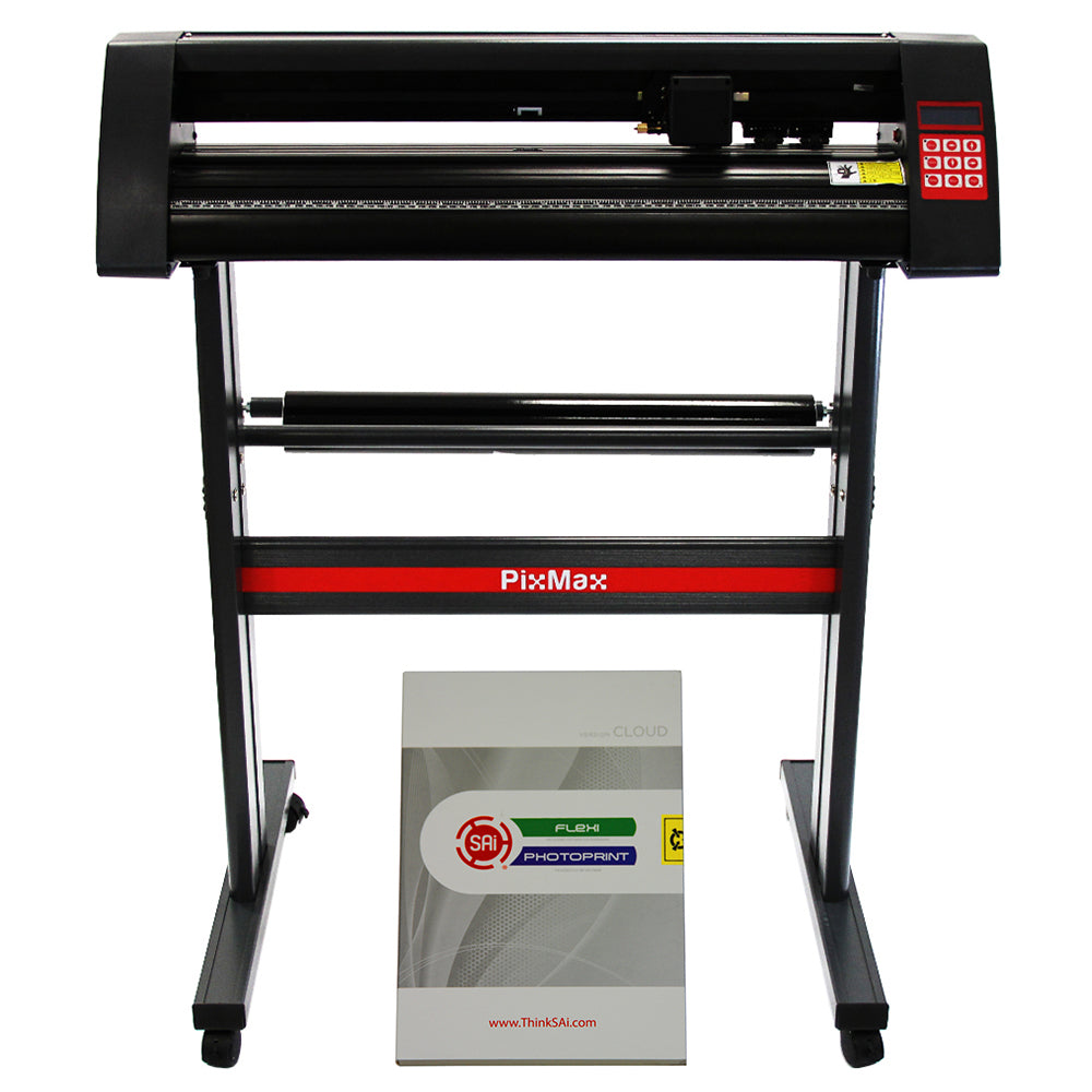 Plotter de découpe vinyle PixMax de 72 cm, avec un design noir et rouge, accompagné du logiciel FlexiStarter et d'un manuel d'utilisation