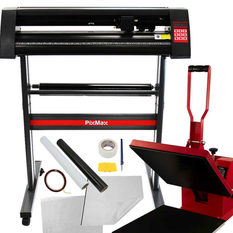 Presse à chaud rouge et découpe de vinyle noire avec rouleaux, outils et accessoires sur un support robuste en métal noir