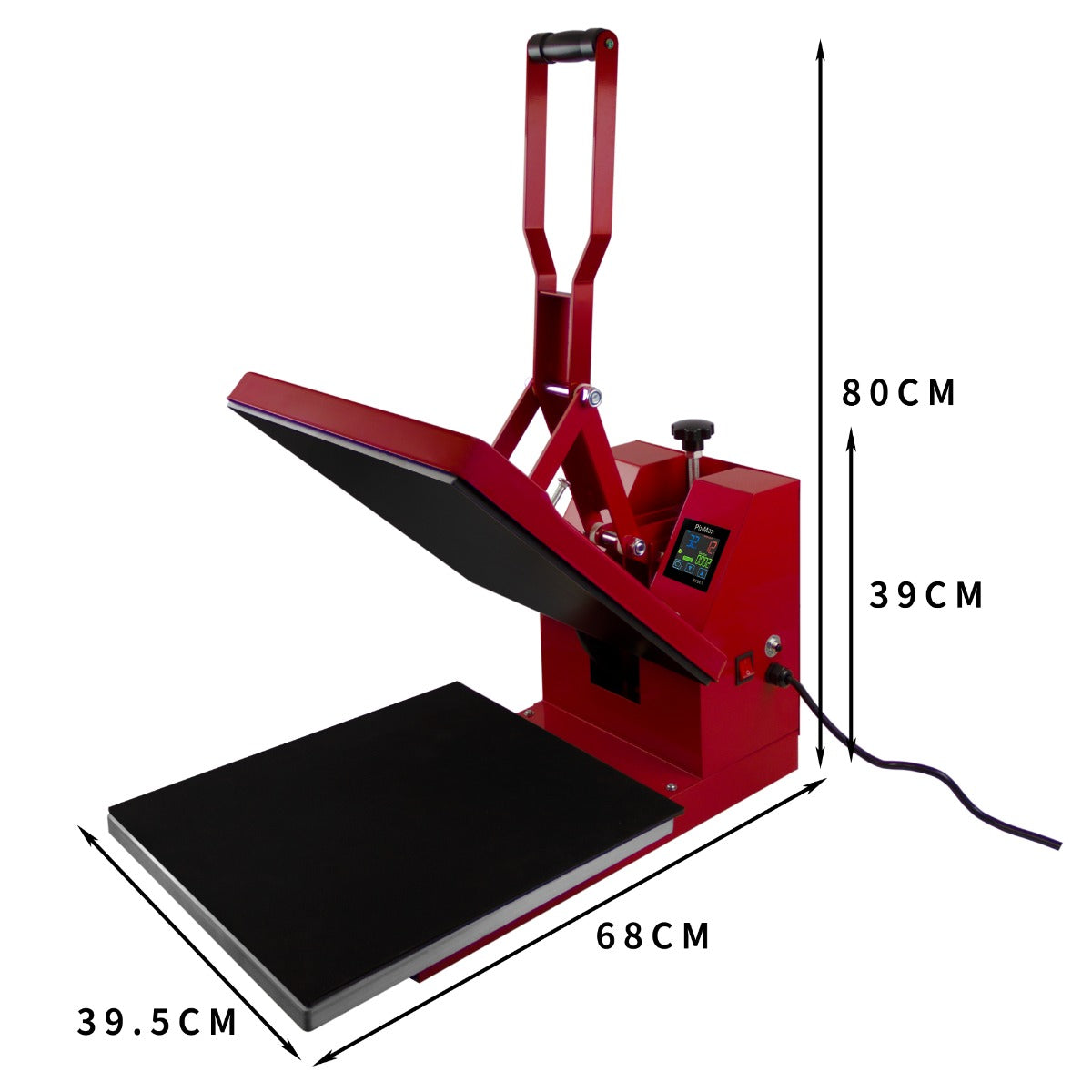 Presse à chaud rouge de 38 cm avec plateau noir, poignée ergonomique, écran de contrôle et dimensions de 68 cm x 39,5 cm x 80 cm