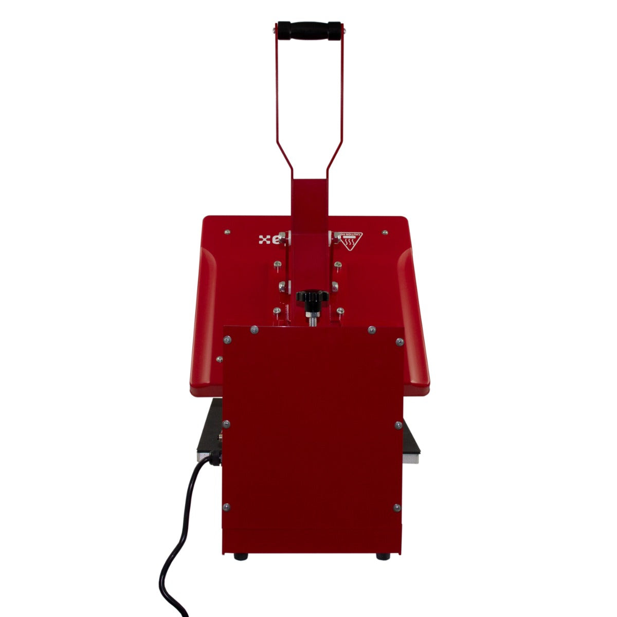 Presse à chaud rouge de 38 cm avec poignée ergonomique, conçue pour l'impression sur divers matériaux, offrant robustesse et efficacité