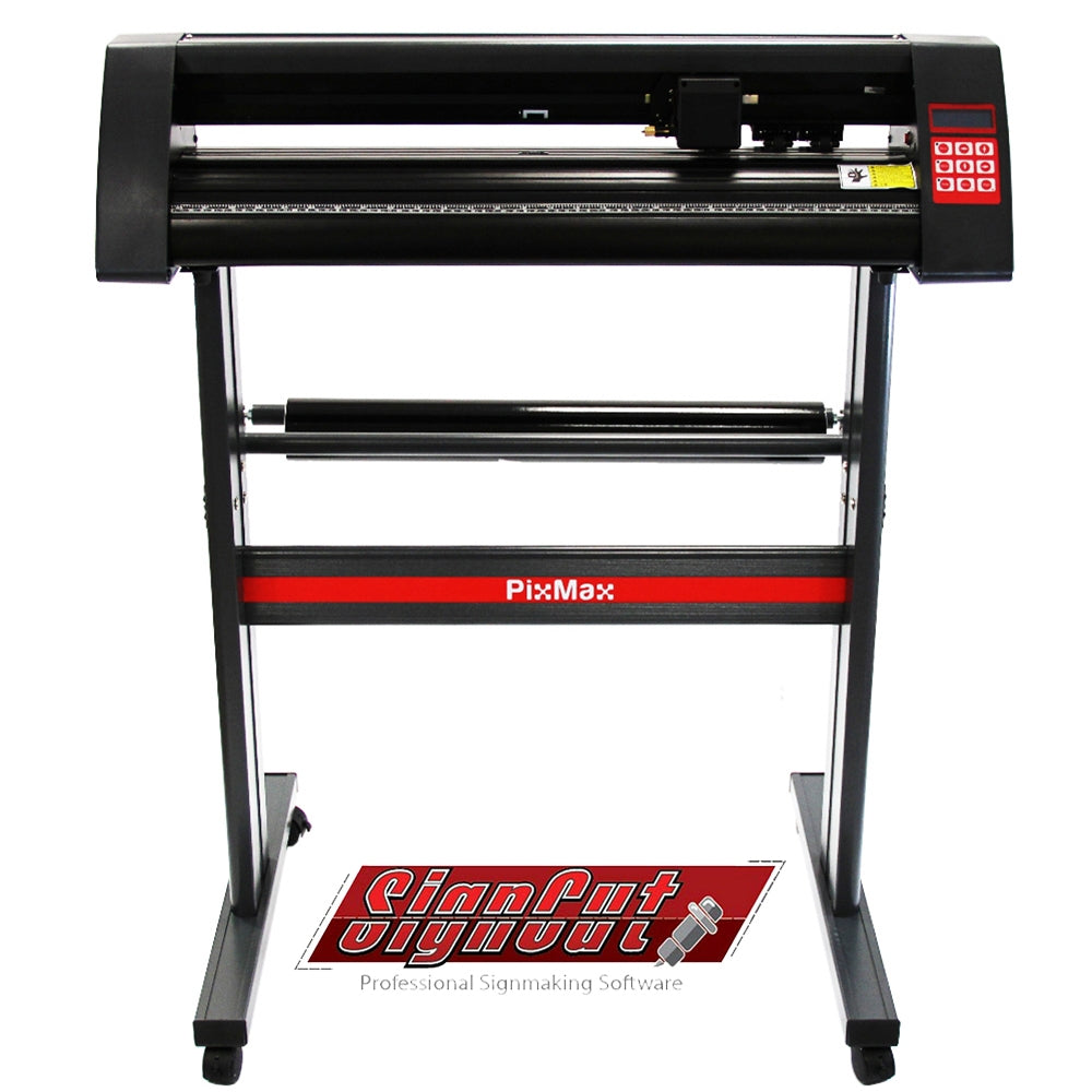 Plotter de découpe vinyle PixMax avec écran de contrôle, cadre noir, rouleau inférieur et logo Signcut Pro en rouge et gris