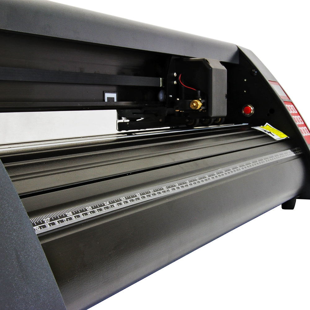 Presse à chaud PixMax avec une surface noire lisse, rouleau de découpe en vinyle de 72 cm, boutons de contrôle rouges et échelle intégrée
