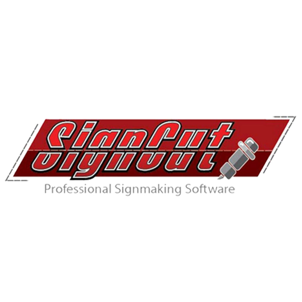 Logo de SignCut, logiciel professionnel pour la création de panneaux, avec un design rouge et argenté, incluant une illustration de cutter