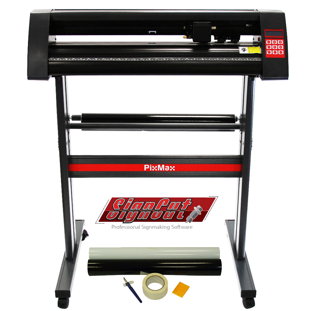Plotter de découpe vinyle PixMax 72cm avec rouleau, logiciel SignCutPro 2, outils de désherbage et accessoires en noir et rouge