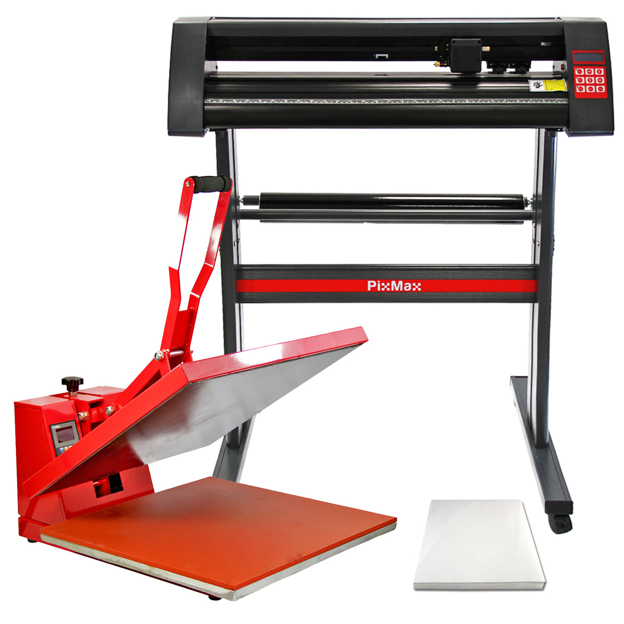Presse à chaud rouge et découpe vinyle PixMax, avec une surface de travail orange, idéale pour des créations personnalisées en textile