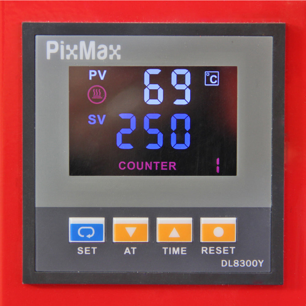 Écran numérique du PixMax avec affichage en couleur, indiquant la température actuelle de 69°C et la température cible de 250°C