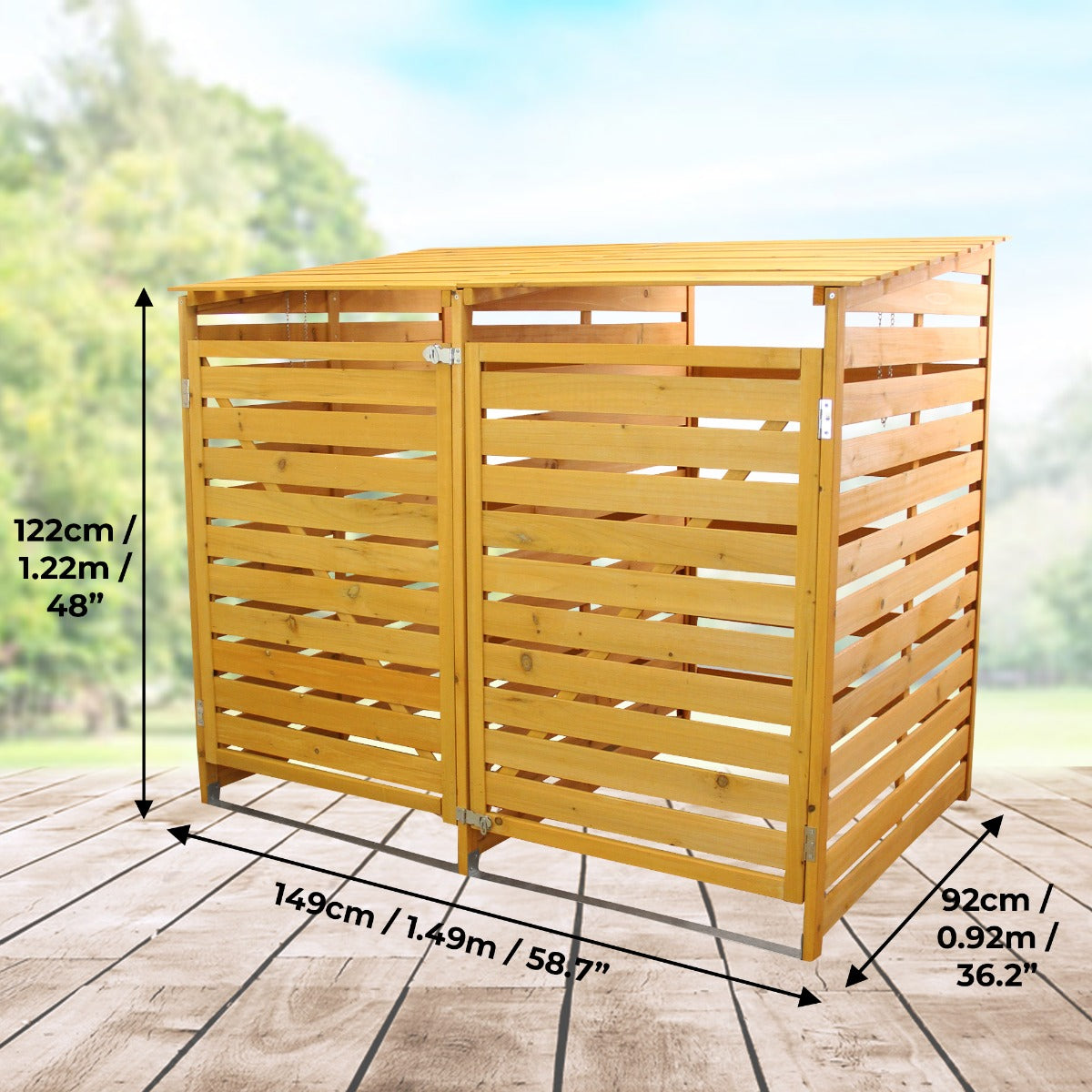 Cache-poubelle double en bois, finition jaune clair, design à lattes, dimensions 149 cm x 92 cm, idéal pour dissimuler les poubelles