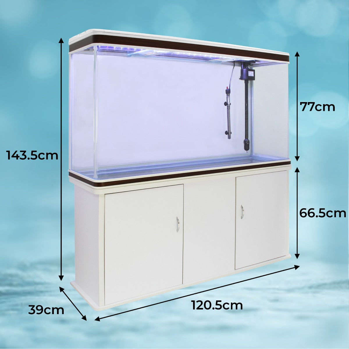 Aquarium blanc avec meuble de support, dimensions 120,5 x 39 x 143,5 cm, surface lisse et brillante, idéal pour un décor aquatique élégant