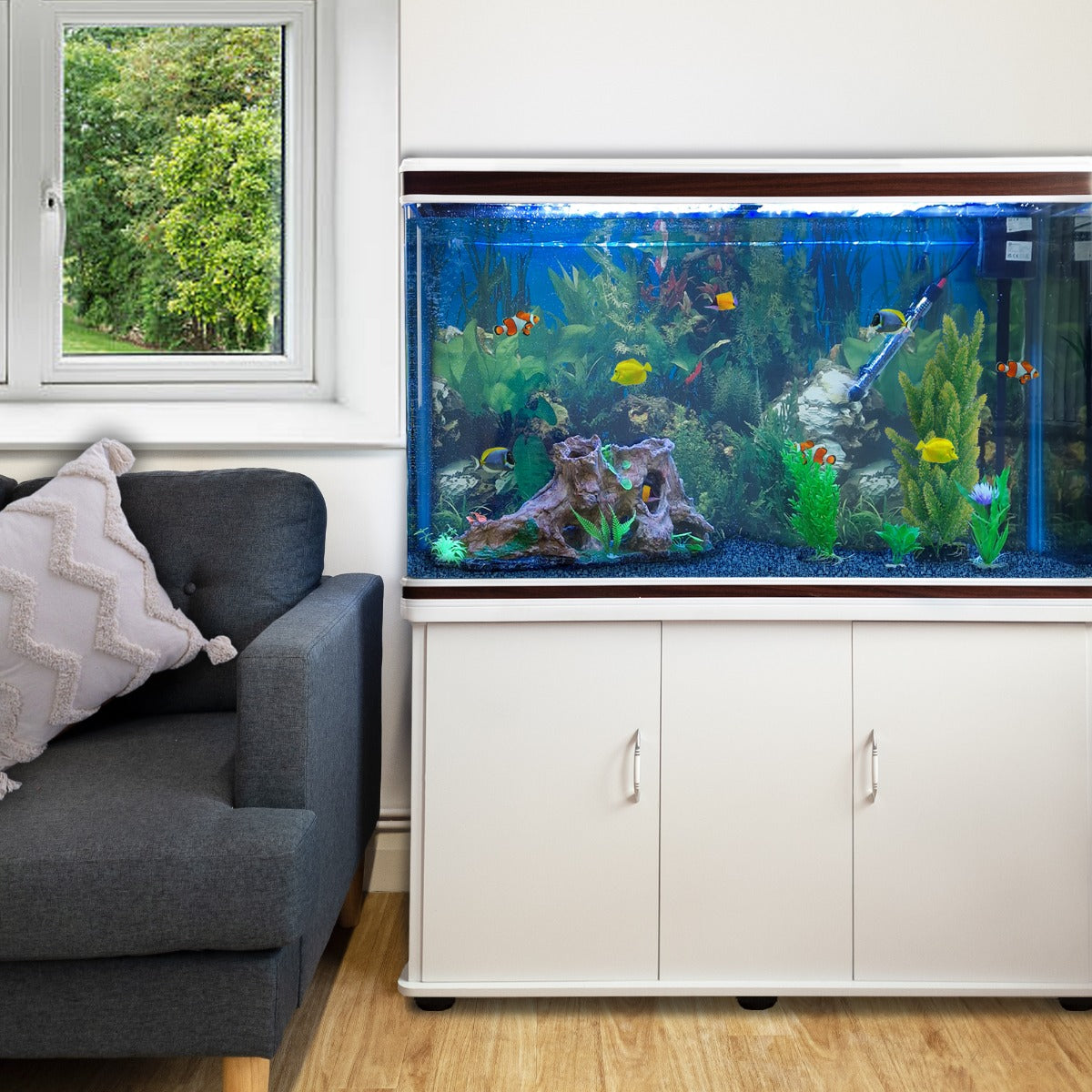 Aquarium Blanc, Meuble de Support Blanc & Gravier Bleu