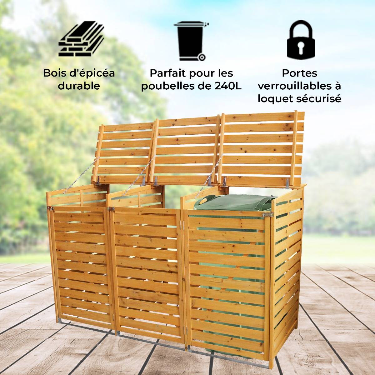 Cache-Poubelle Triple en Bois