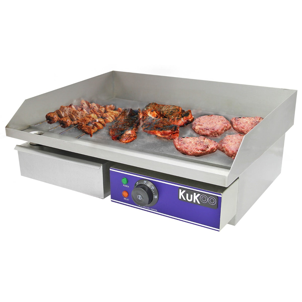 Plancha en inox KuKoo de 50 cm avec viande grillée, surface lisse et résistante, boutons de contrôle en façade, design moderne et pratique