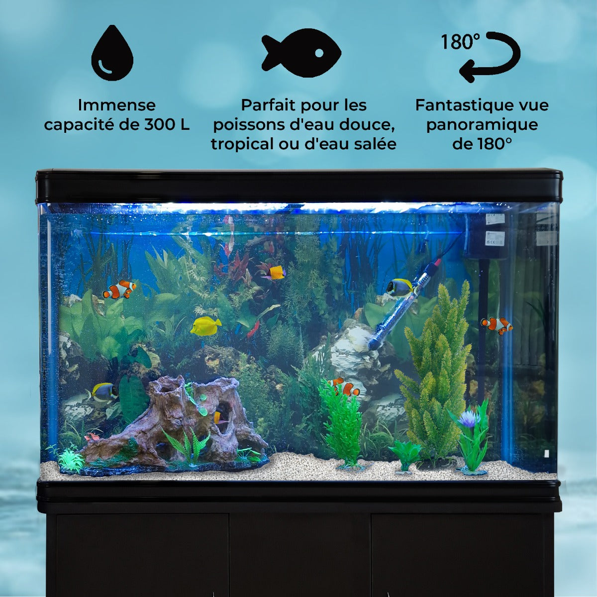 Aquarium noir de 300 L avec meuble, gravier blanc, plantes vertes, décor rocheux et éclairage LED, vue panoramique à 180°