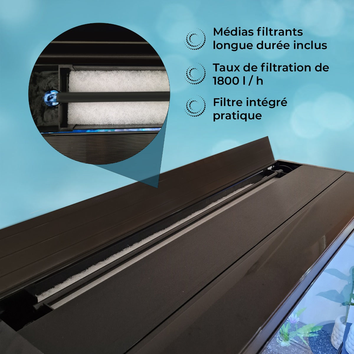 Aquarium noir élégant avec meuble de support, gravier blanc, et système de filtration intégré pour un entretien facile