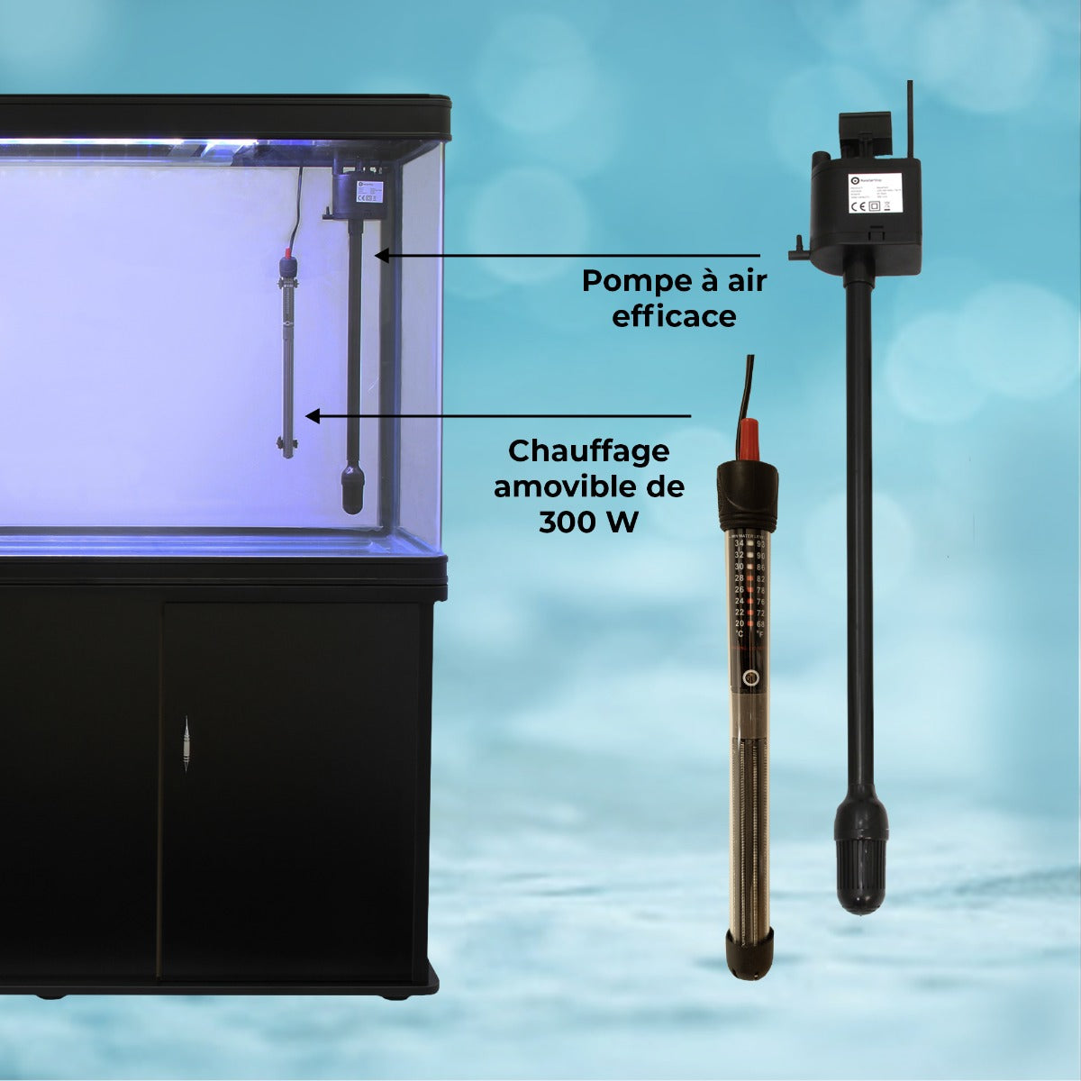 Aquarium noir avec meuble de support, gravier blanc, pompe à air efficace et chauffage amovible de 300 W, ambiance aquatique apaisante