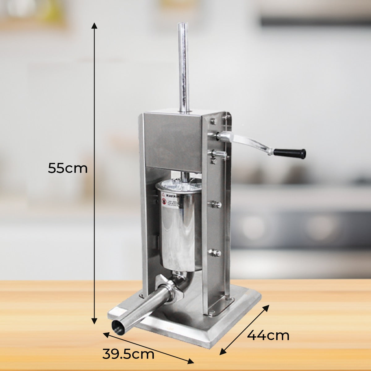 Poussoir à saucisses manuel en acier inoxydable, 3L, avec manivelle, base solide, dimensions 55 cm de hauteur et 39,5 cm de largeur