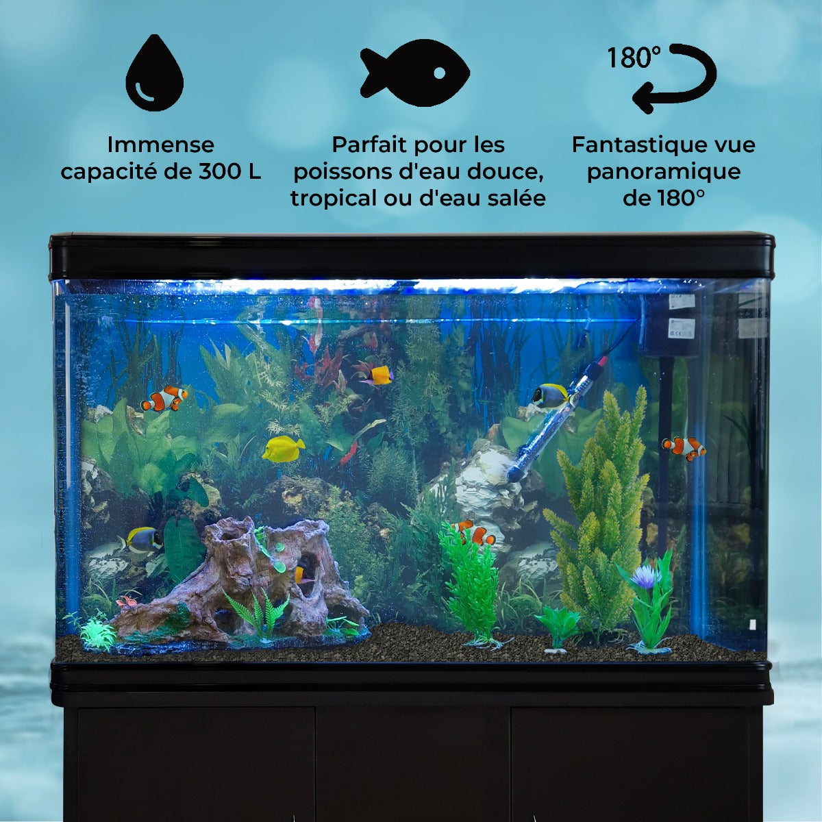 Aquarium noir de 300 L avec décor naturel, plantes vertes, poissons colorés et éclairage LED, offrant une vue panoramique de 180°