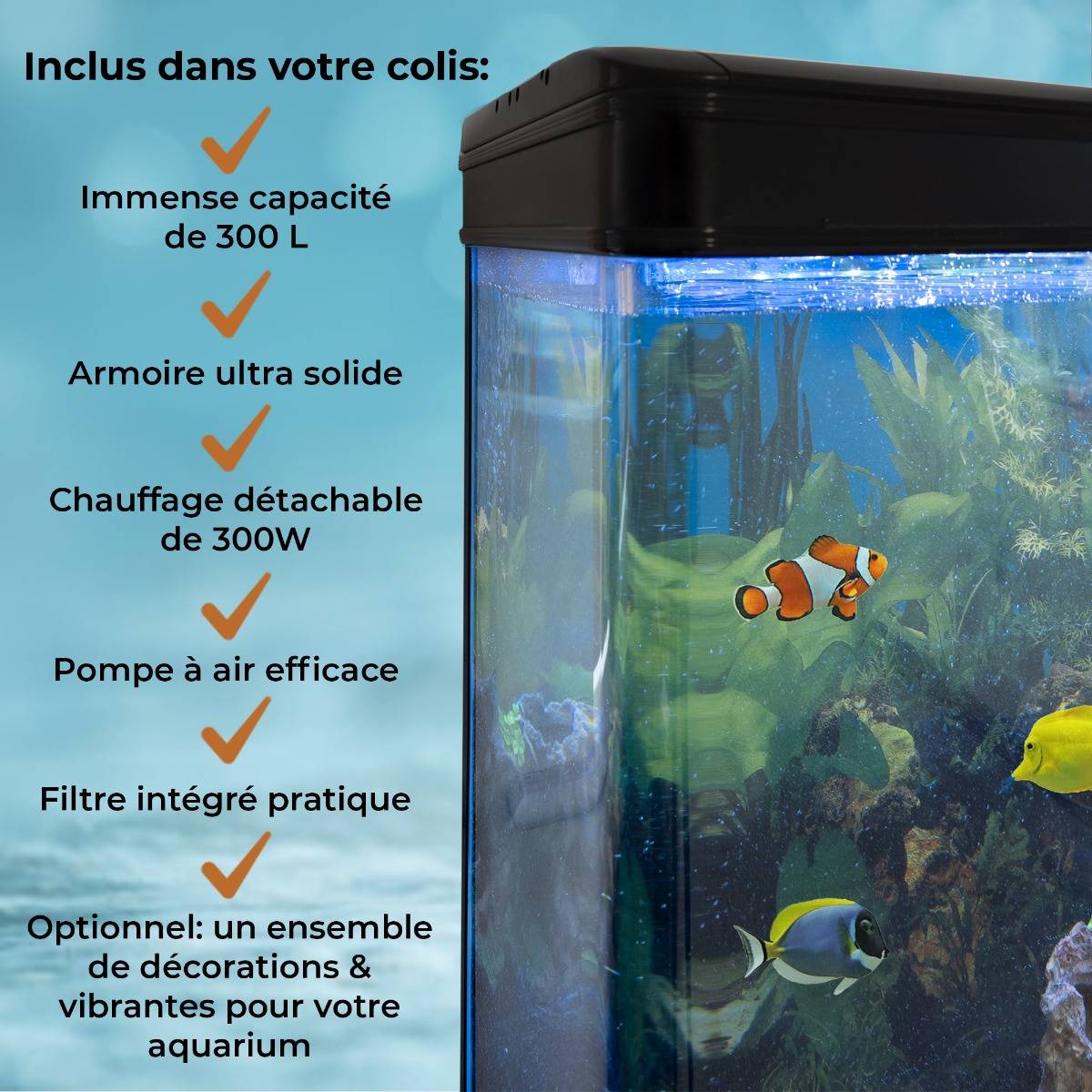 Aquarium noir de 300 L avec meuble solide, éclairage LED, poissons colorés, gravier blanc et décor aquatique vibrant