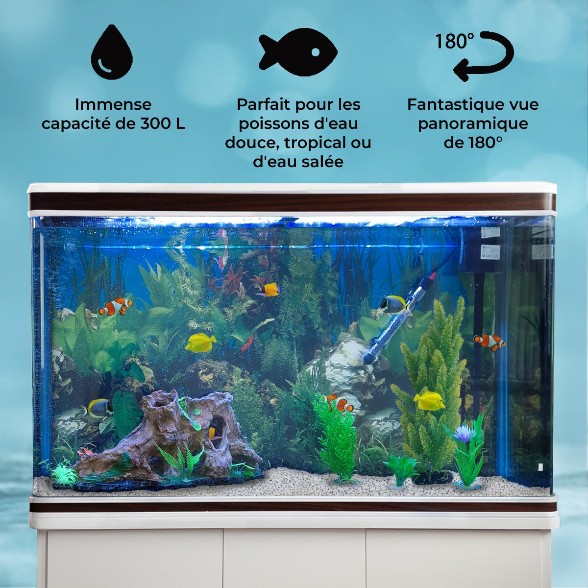 Aquarium blanc de 300 L avec décor naturel, poissons colorés, plantes aquatiques et meuble de support élégant en bois clair