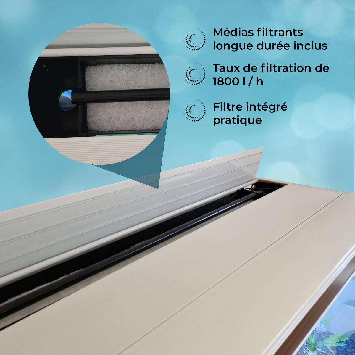 Médias filtrants de longue durée dans un aquarium blanc, avec un filtre intégré et un taux de filtration de 1800 l/h