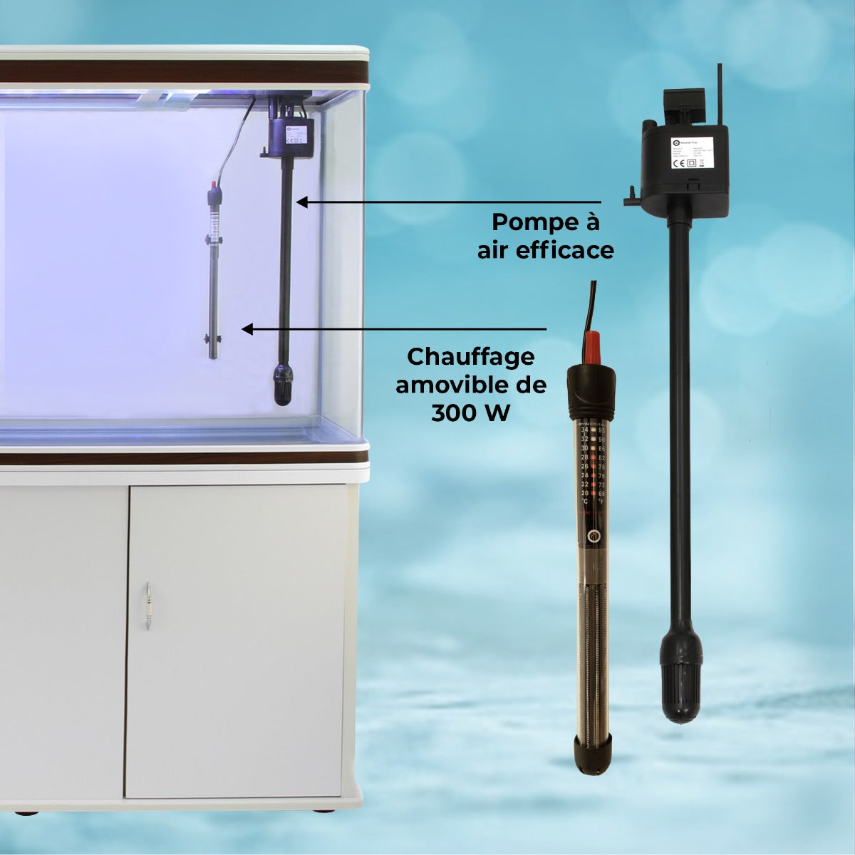 Aquarium blanc avec meuble de support, gravier blanc, pompe à air efficace et chauffage amovible de 300 W, arrière bleu flou