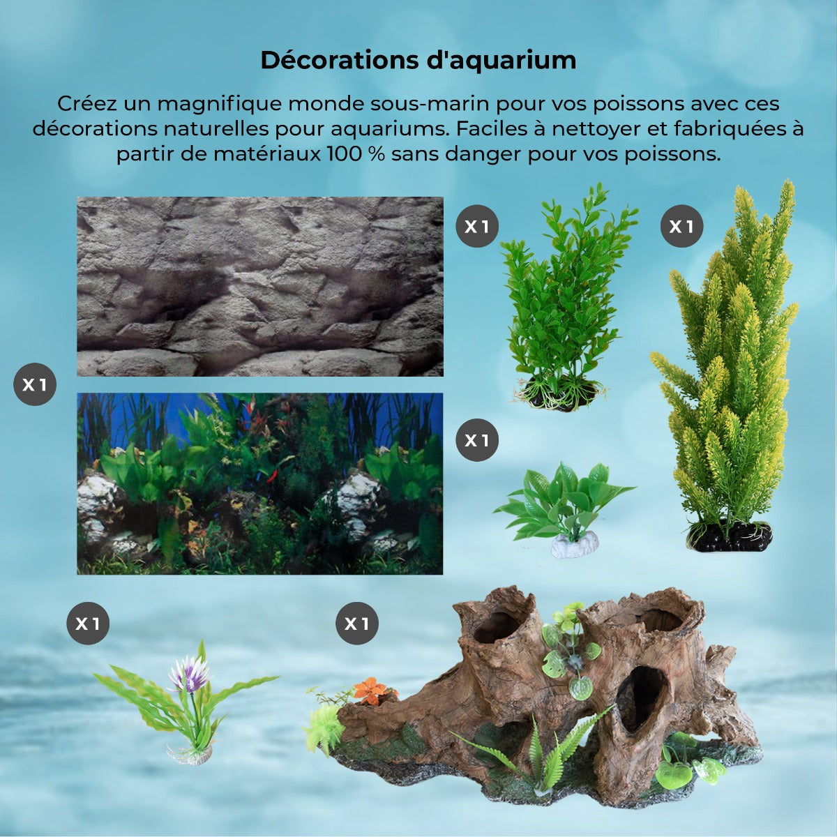 Décorations d'aquarium avec plantes vertes, roches texturées et gravier noir, créant un habitat naturel pour les poissons
