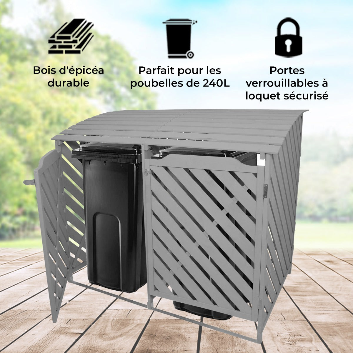 Cache-Poubelle Double en Bois Gris