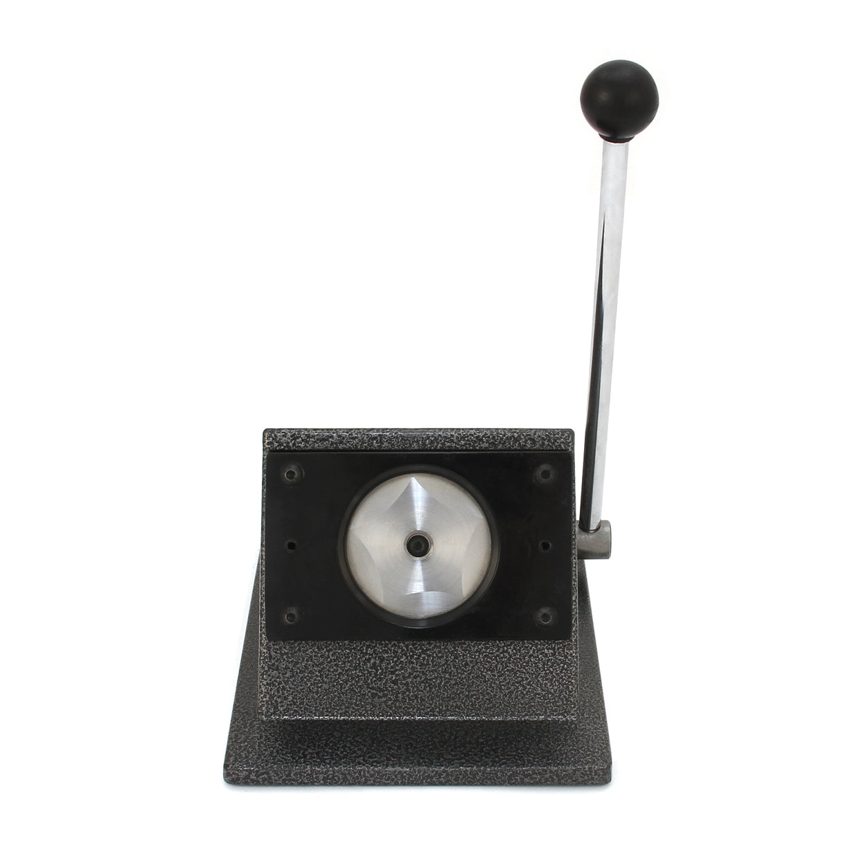 Machine à badges robuste en métal noir avec levier chromé, conçue pour découper des badges de 38 mm avec précision et facilité