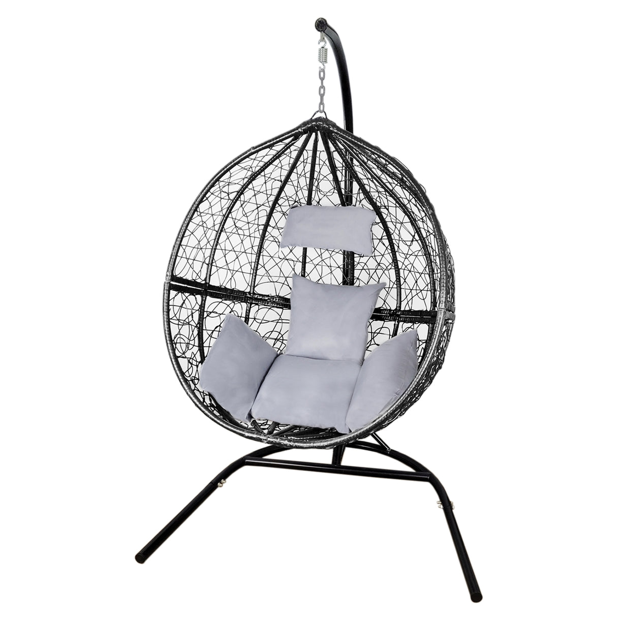 Chaise suspendue en rodin noir avec coussins gris, design rond, structure en métal, idéale pour un coin détente moderne