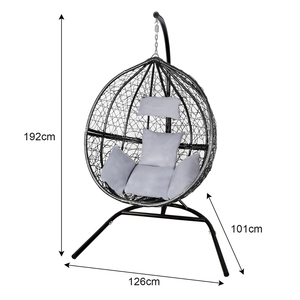 Chaise suspendue en rotin noir avec coussins gris, forme ronde, structure en métal, idéale pour un coin détente extérieur ou intérieur