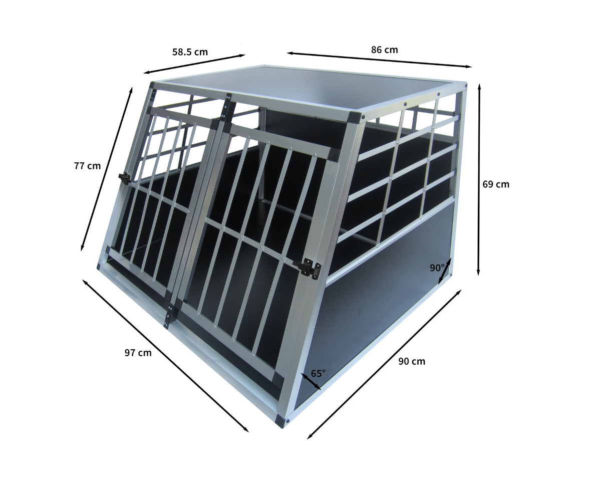 Cage de transport pour animaux en métal, couleur grise, avec deux portes, dimensions indiquées, design robuste et spacieux