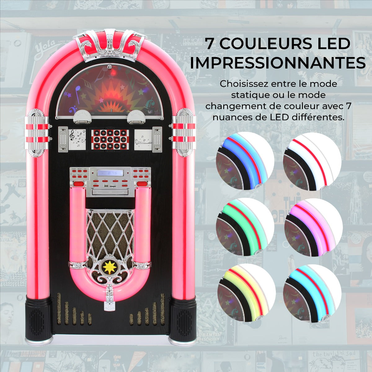 Jukebox Rétro à poser sur le sol MonsterShop Lecteur CD, MP3, Bluetooth, Radio, AUX, Eclairage