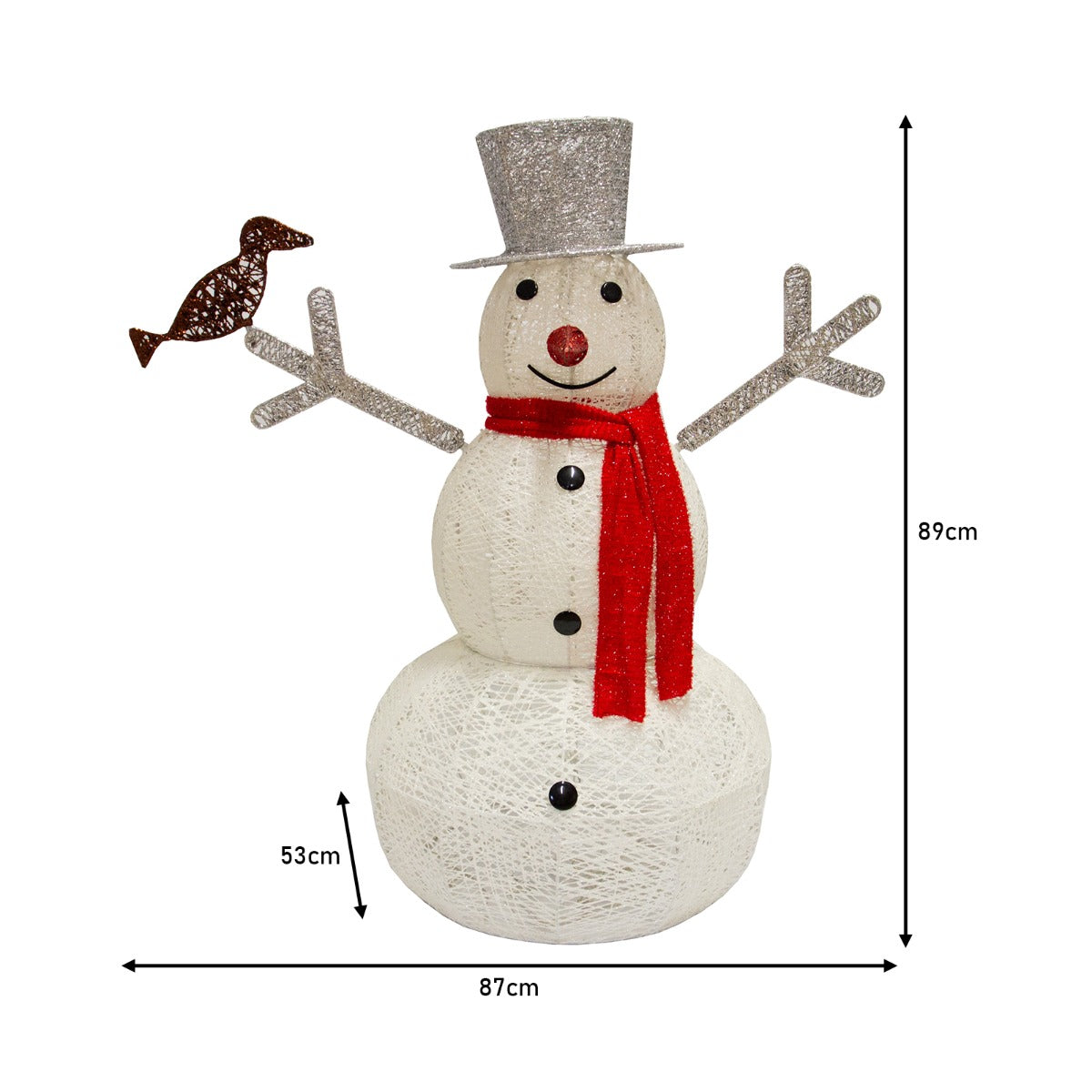 Bonhomme de neige lumineux en blanc, avec un chapeau argenté, écharpe rouge, bras en branches et un oiseau décoratif en métal