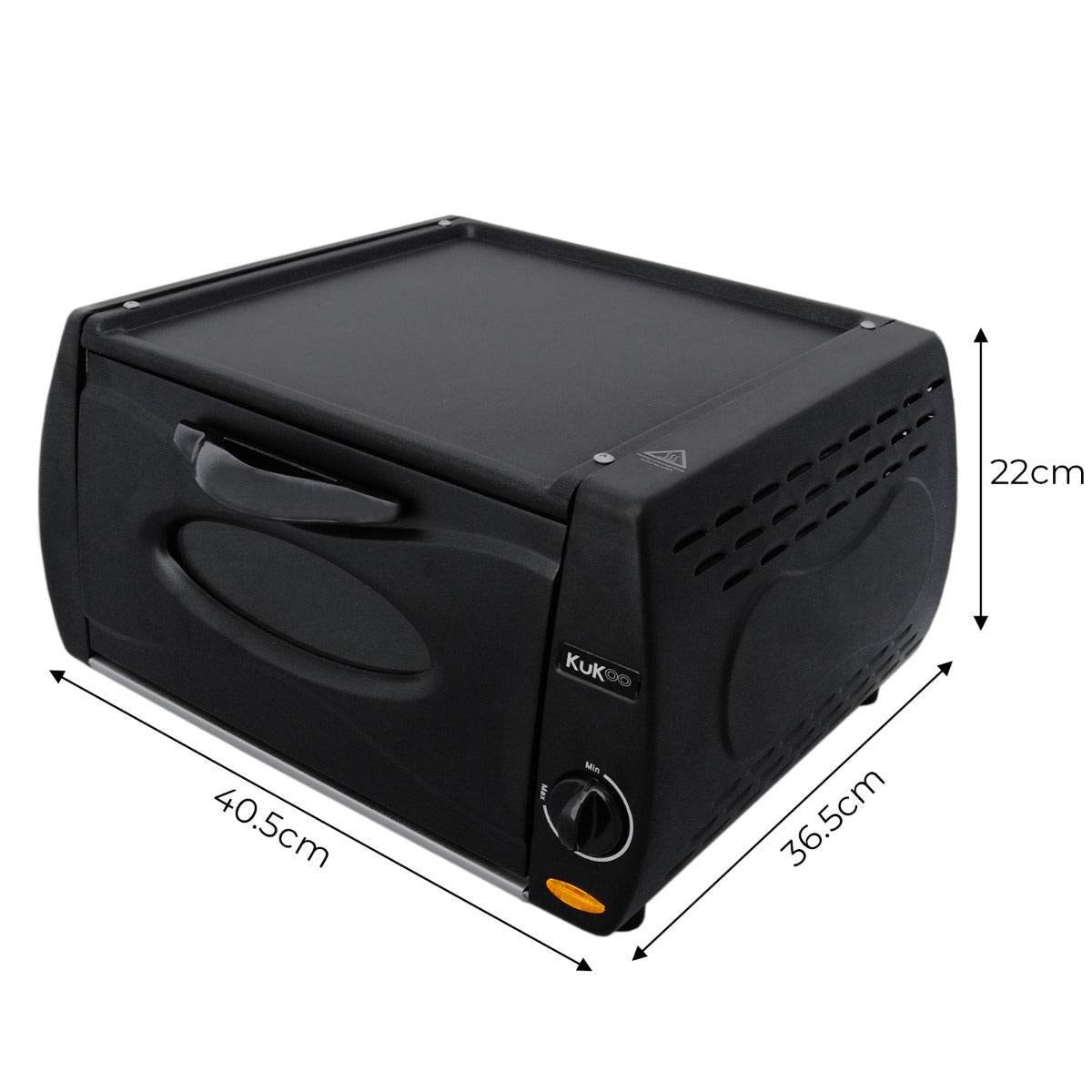 Mini four Tandoor KuKoo noir, compact, avec surface de cuisson lisse, dimensions 40,5 x 36,5 x 22 cm, idéal pour la cuisine maison