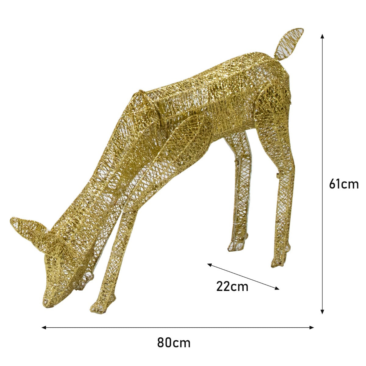Biche dorée en métal avec finition brillante, posée en position accroupie, mesurant 61 cm de hauteur et 80 cm de longueur