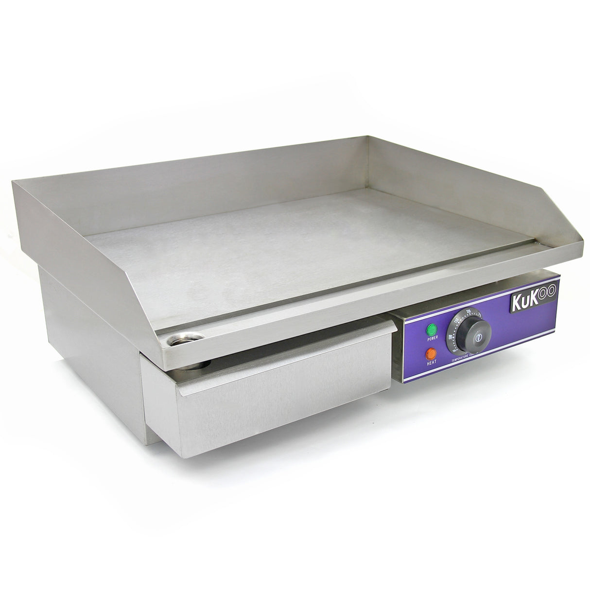 Plancha en inox KuKoo de 50 cm avec surface lisse, finition brillante, boutons de contrôle et tiroir de rangement intégré