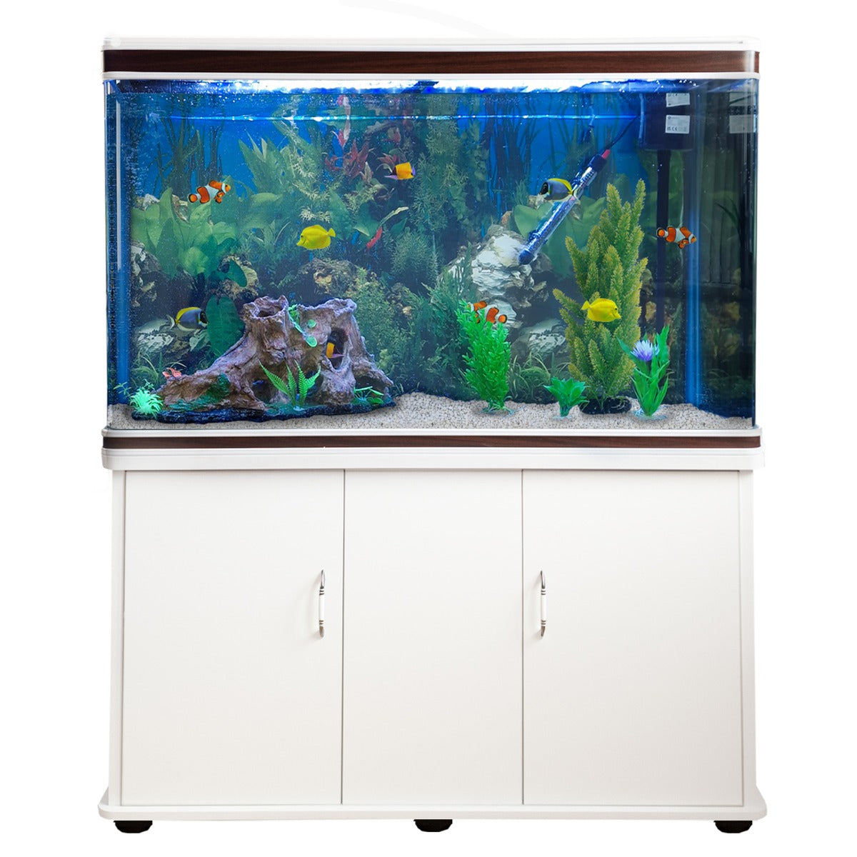 Aquarium blanc avec meuble de support, gravier blanc, plantes vertes, décor naturel et poissons colorés nageant dans l'eau claire