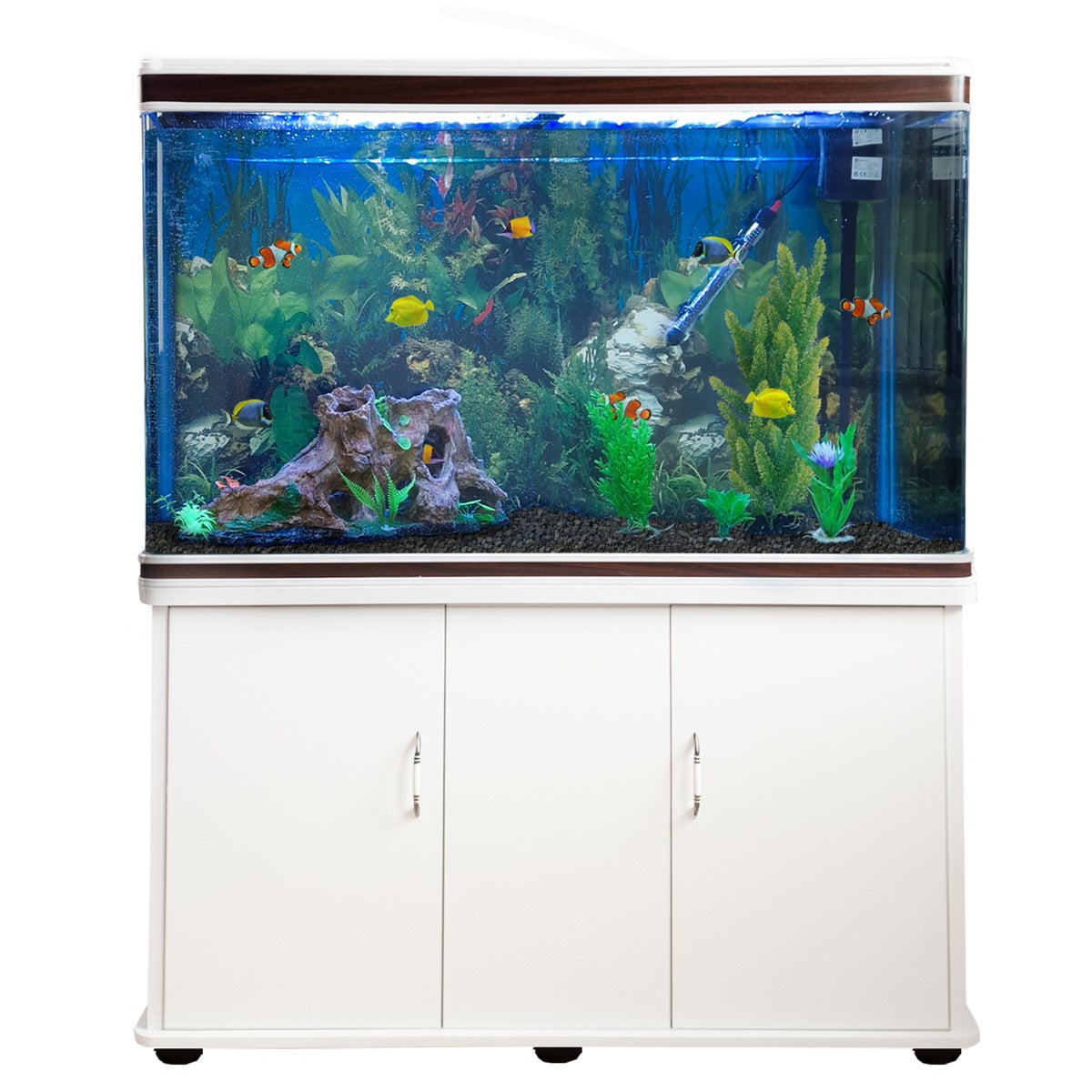 Aquarium blanc avec meuble de support, gravier noir, plantes aquatiques vertes et poissons colorés nageant dans l'eau claire