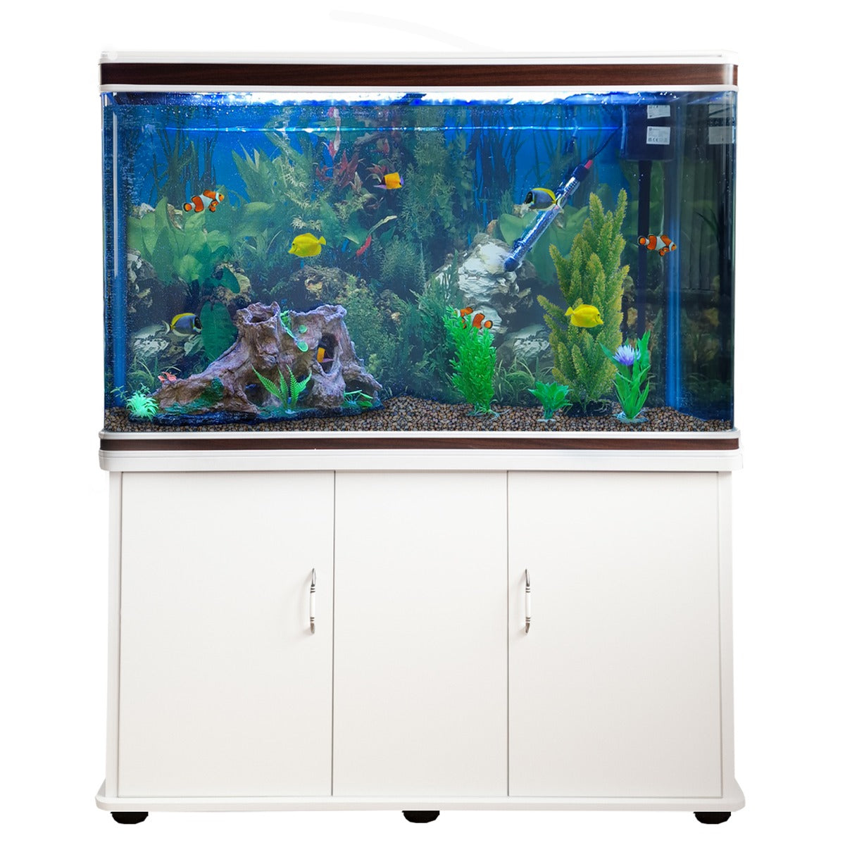 Aquarium blanc avec meuble de support, gravier naturel, plantes aquatiques colorées et poissons tropicaux nageant dans l'eau claire