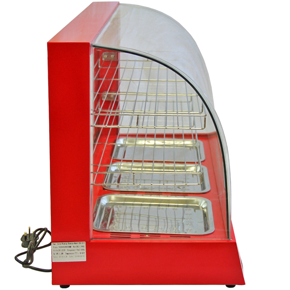 Vitrine chauffe-plats électrique rouge de 90 cm avec trois étagères en métal, parois en verre courbées et câblage visible
