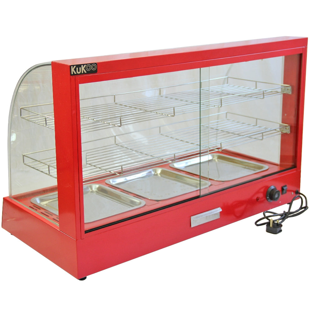Vitrine chauffe-plats électrique KuKoo de 90 cm, rouge vif, avec trois étagères en acier inoxydable et vitres en verre transparent
