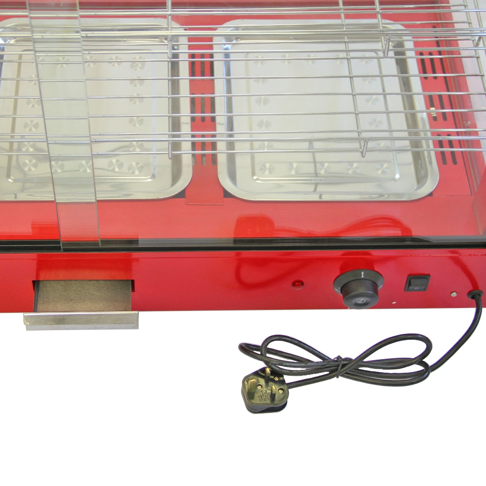 Vitrine chauffe-plats électrique de 90 cm, finition rouge brillante, avec deux bacs en acier inoxydable et grille en verre transparent