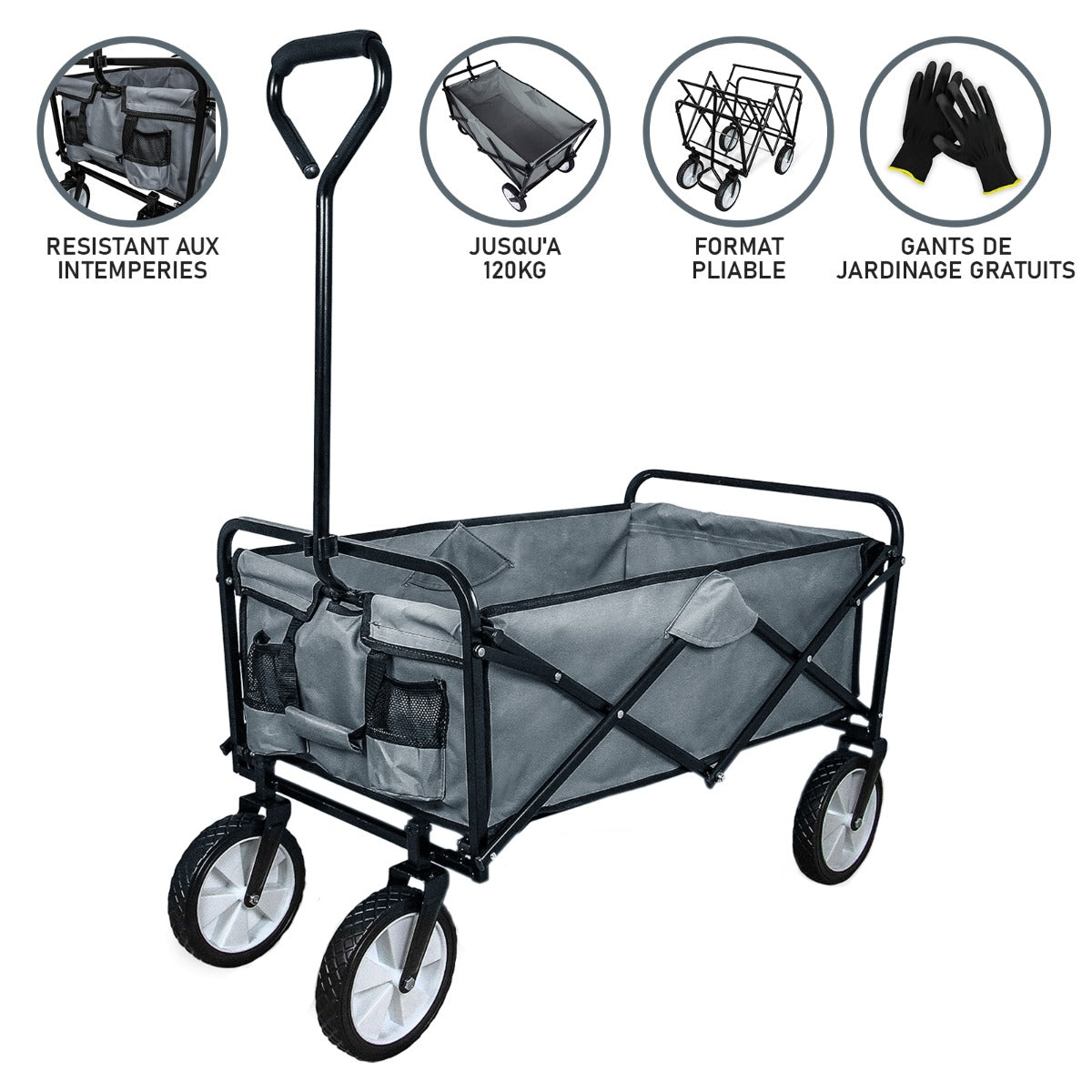 Chariot pliable de jardin gris avec roues robustes, poignée ergonomique, et poches latérales pour un rangement pratique
