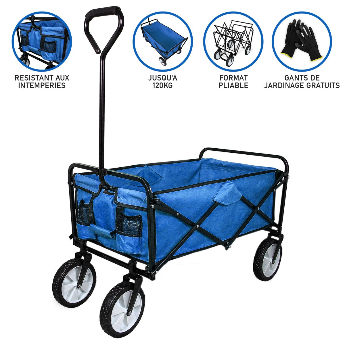 Chariot pliable de jardin bleu avec structure en métal noir, roues robustes, poigné ergonomique et poches de rangement pratiques
