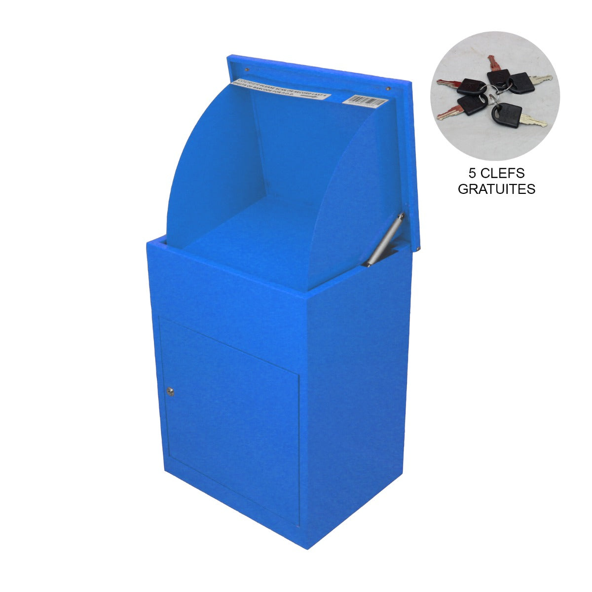 Boîte à colis bleu vif en matériau robuste, avec un design arrondi et une porte inférieure pour un accès facile aux envois