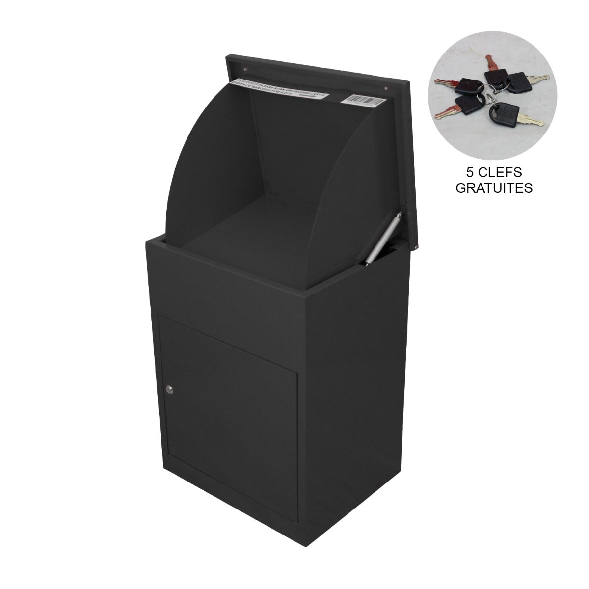 Boîte à colis noire en métal, design moderne avec une ouverture arrondie et un compartiment sécurisé pour le stockage des colis