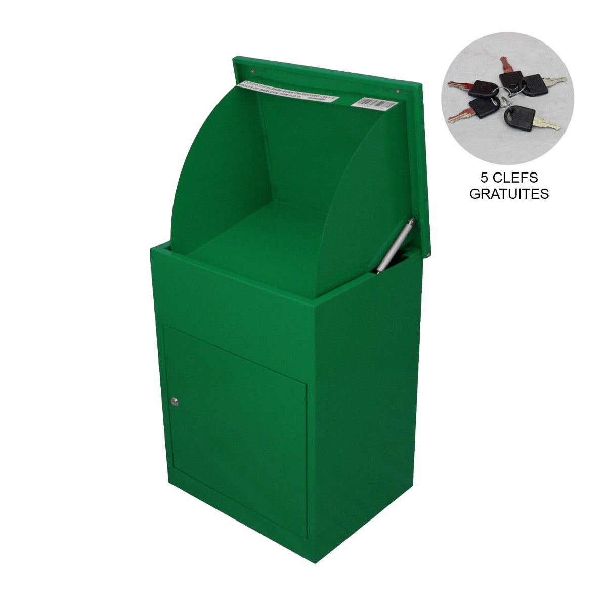 Boîte à colis en métal vert, design moderne avec une ouverture en arc, surface lisse et finition résistante pour un usage extérieur