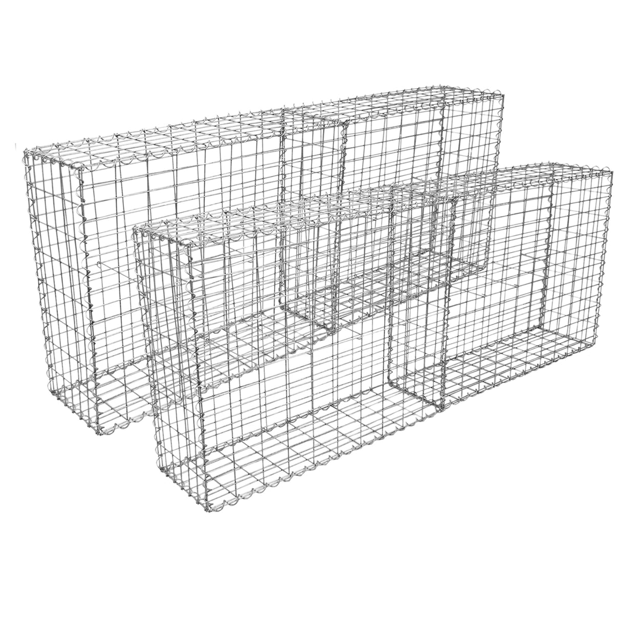 Paniers de gabions en métal gris, de forme rectangulaire, empilés, parfaits pour la décoration extérieure ou le jardinage