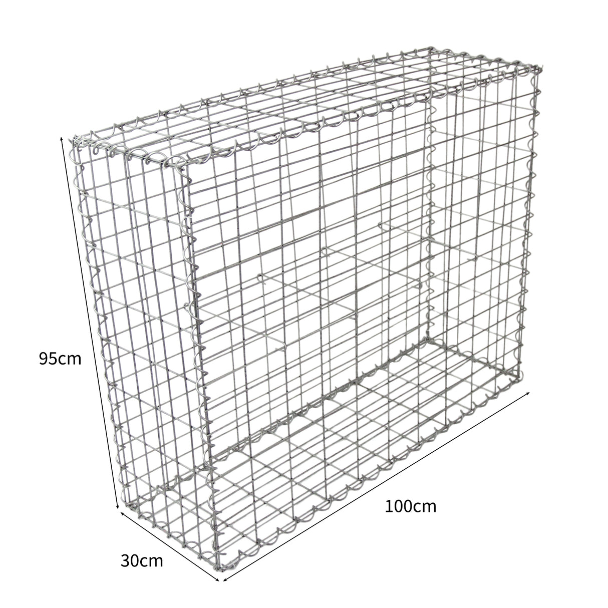 Paniers de gabions en métal gris, dimensions 100 cm x 95 cm x 30 cm, structure en treillis, idéale pour aménagement extérieur et jardinage