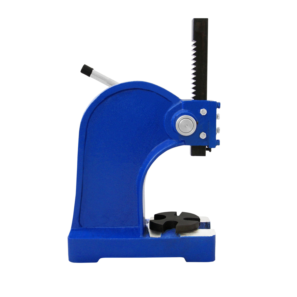 Presse à crémaillère manuelle T-Mech en métal bleu, avec un levier et une base noire, idéale pour un usage industriel et artisanal